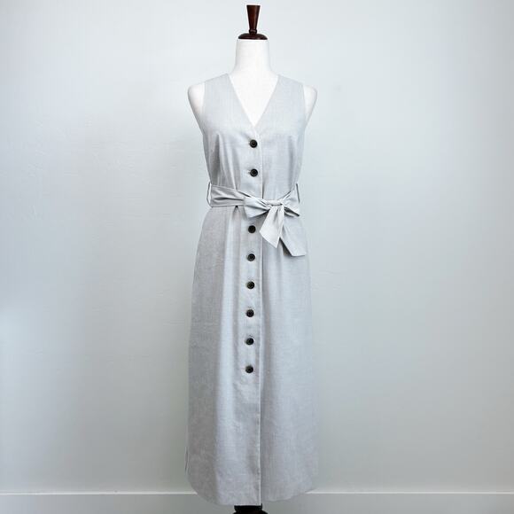 Ann Taylor Linen Blend Sleeveless Belted Midi V-Neck Shirtdress - Picture 2 of 8